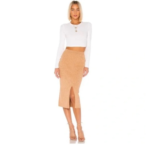 Free People Dresses & Skirts - Free People Skyline Midi Skirt Beige Rib Knit Sweater Pull On Camel Tan